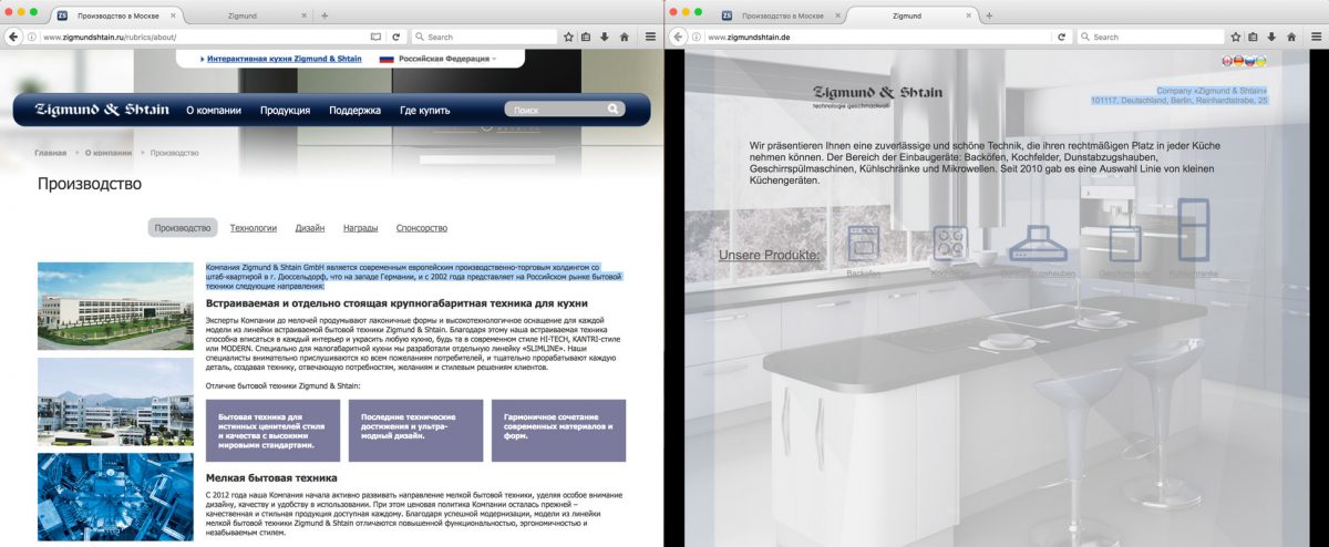Скриншоты русского и немецкого сайтов компании «Цигмунд унд Схтайн»