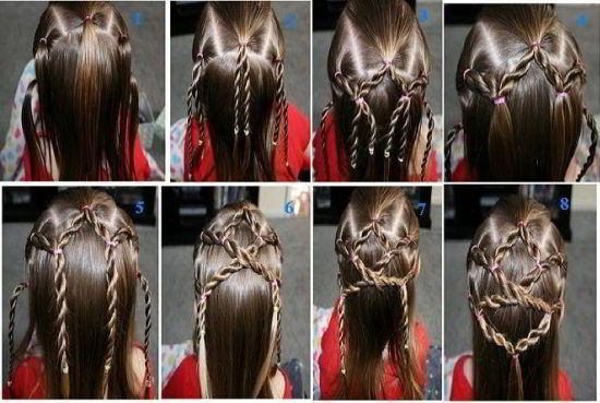 Модная прическа паутинка из кос на длинные волосы для девочек 2020