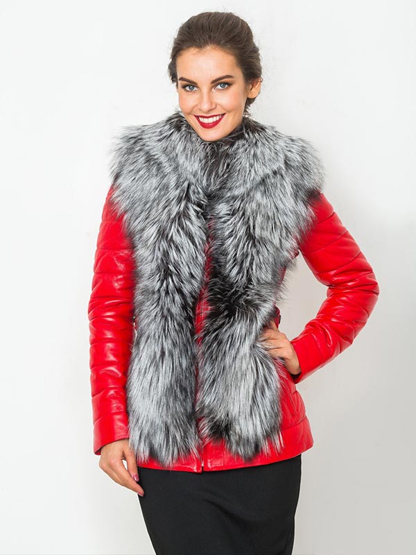 красная зимняя кожаная куртка с мехом