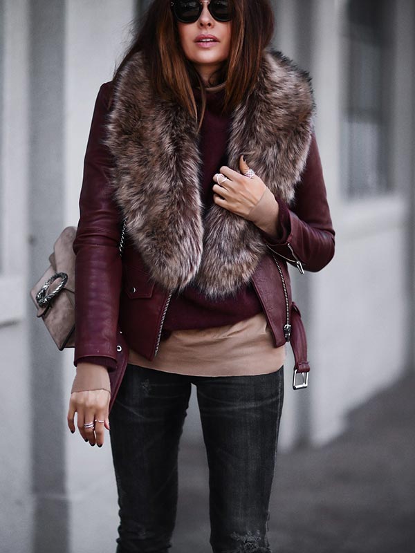бордовая зимняя кожаная куртка с мехом