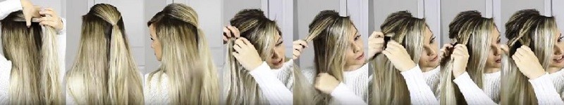 Пушистая коса из резинок в сочетании с колосками и распущенными волосами: этапы выполнения 1