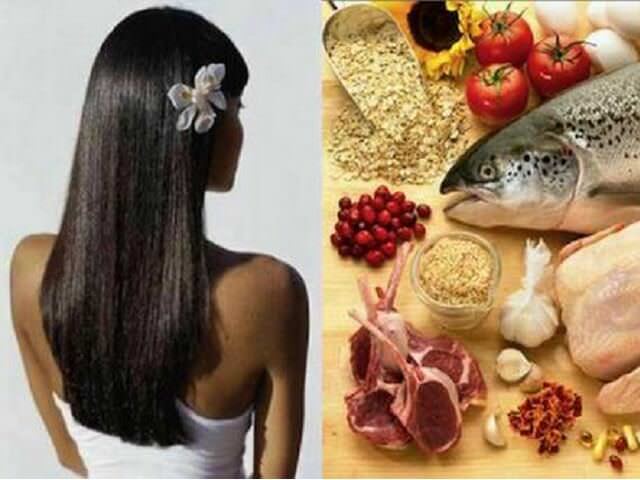 Девушка с длинными черными волосами и продукты питания
