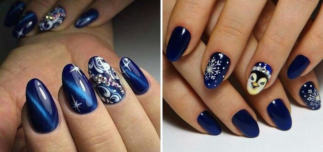 дизайн ногтей синего цвета со стразами
