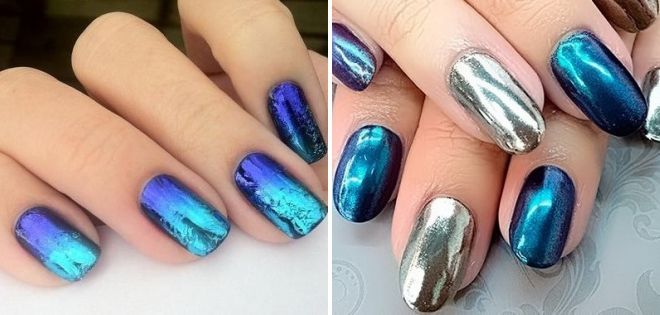 синий дизайн ногтей с втиркой 2018